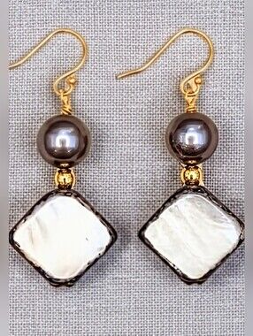 Silver Gray Mettalic Mother Of Pearl & Baroque Pearl In Gold Plated Earrings